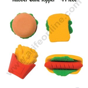 CAKE DECORβ’ 4 Pcs Mini 3D Fast Food Theme Rubber Cake Topper | French Fries | Burger | Sandwich | Hot Dog (SBT-R-018)
