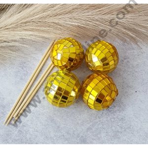 CAKE DECOR™ Mirror Disco Foam Balls Topper For Cake and Cupcake Decoration With Sticks  - ( 12 pcs Pack ) Golden