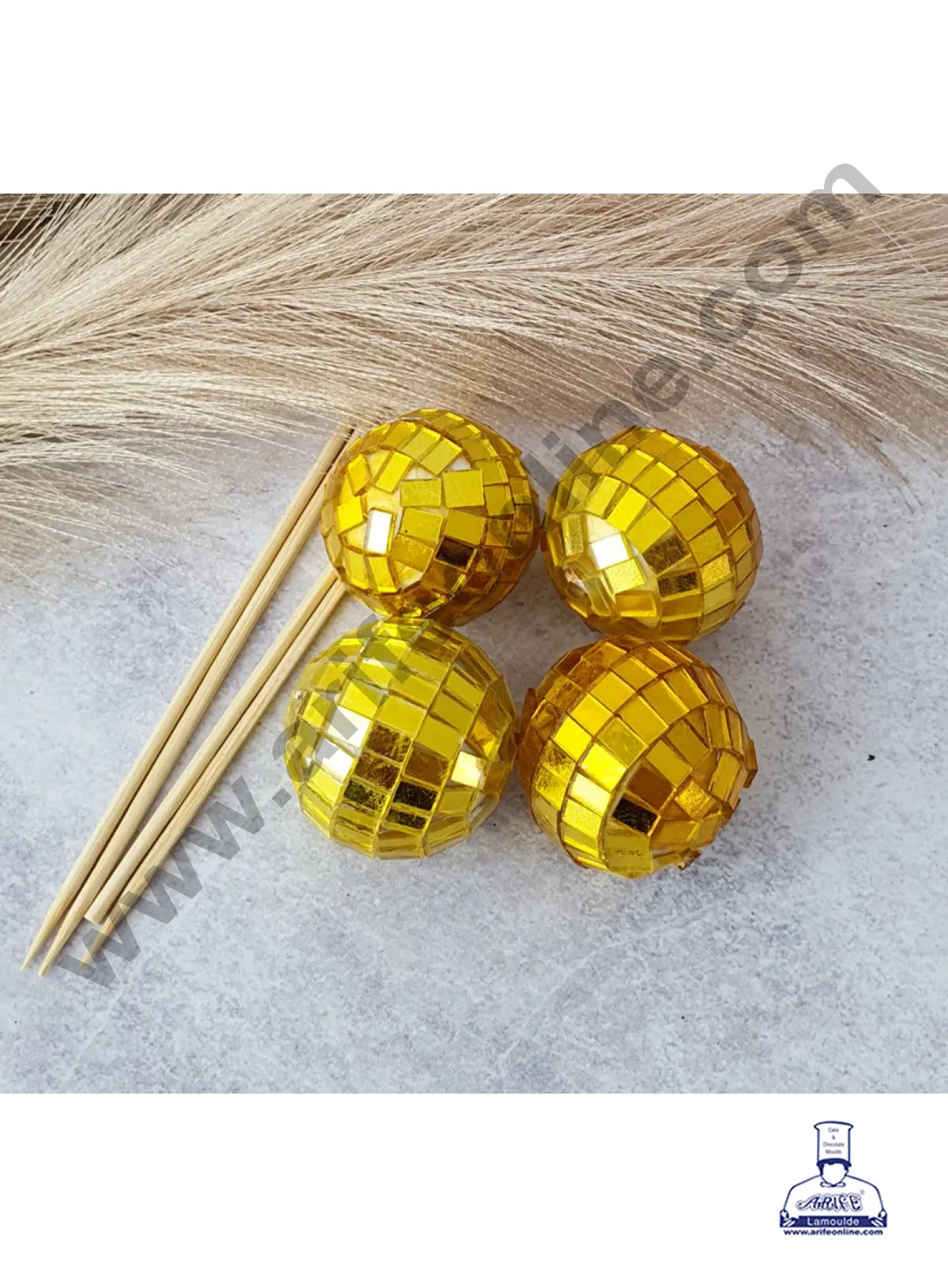 CAKE DECOR™ Mirror Disco Foam Balls Topper For Cake and Cupcake Decoration With Sticks - ( 12 pcs Pack ) Golden