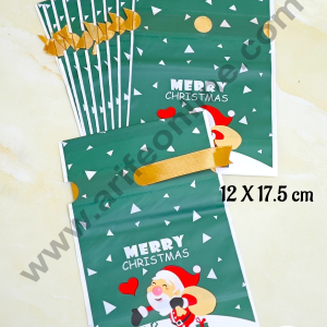 Cake Decor ™ Small Green Color Christmas Theme Cookie pouch Plastic Drawstring Bag Treat With Ribbon | Design - 05 | Pack of 10 | (12cm X 17.5cm)