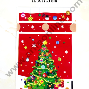 Cake Decor β’ Small Red Color Christmas Tree Cookie pouch Plastic Drawstring Bag Treat With Ribbon | Cookie Snack Candy Birthday Party and Gift (Pack of 10)(12cm X 17.5cm)