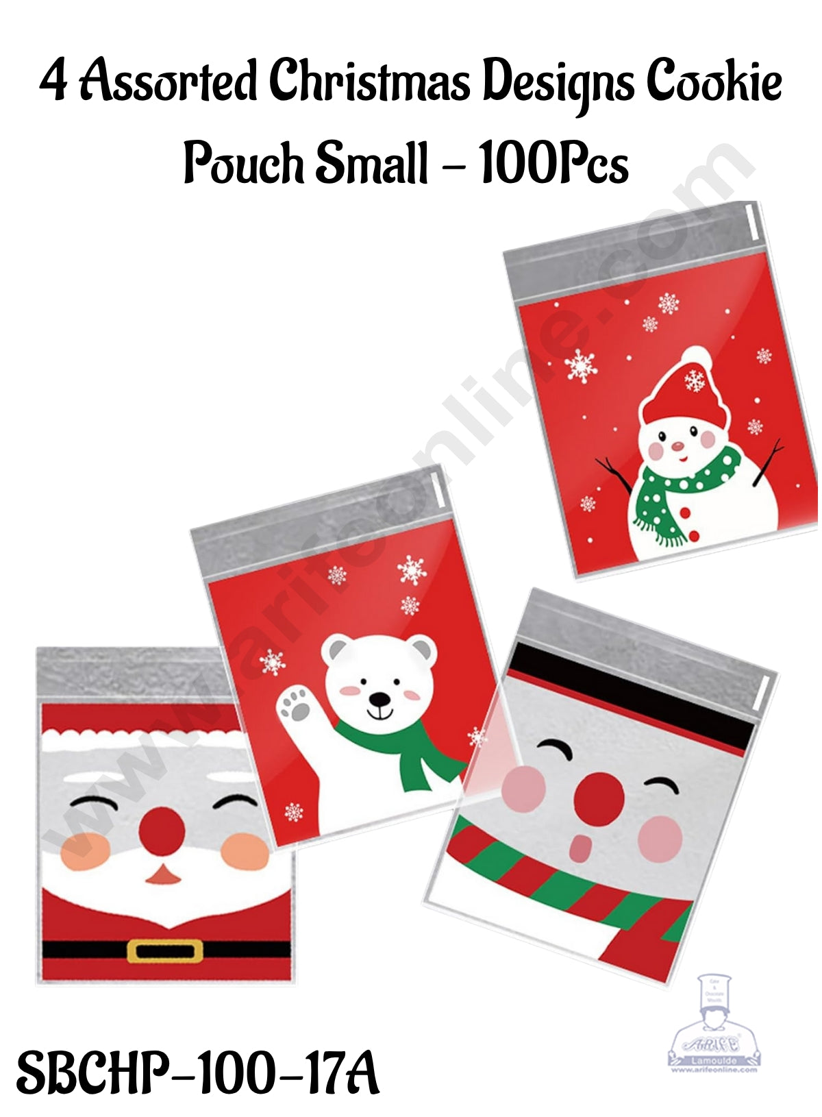 CAKE DECOR™ 4 Assorted Christmas Designs Cookie Pouch Small - 100Pcs (Self Adhesive)(10x10x3 cm)