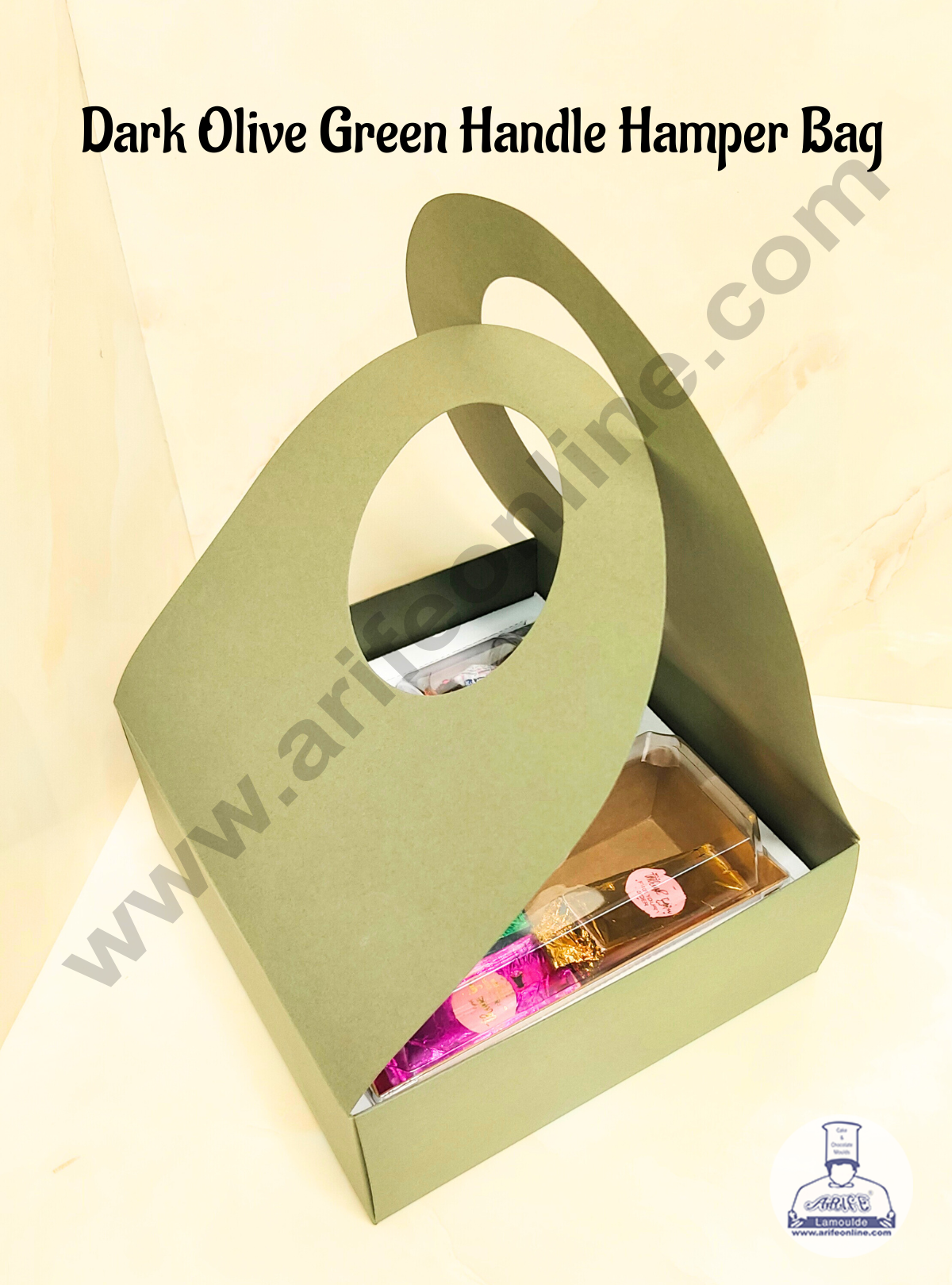 CAKE DECORβ’ Round Handle Hamper Box With Cavity (Dark Olive Green) | Gift Box | Gift Bag With Handle (1 Pc Pack)