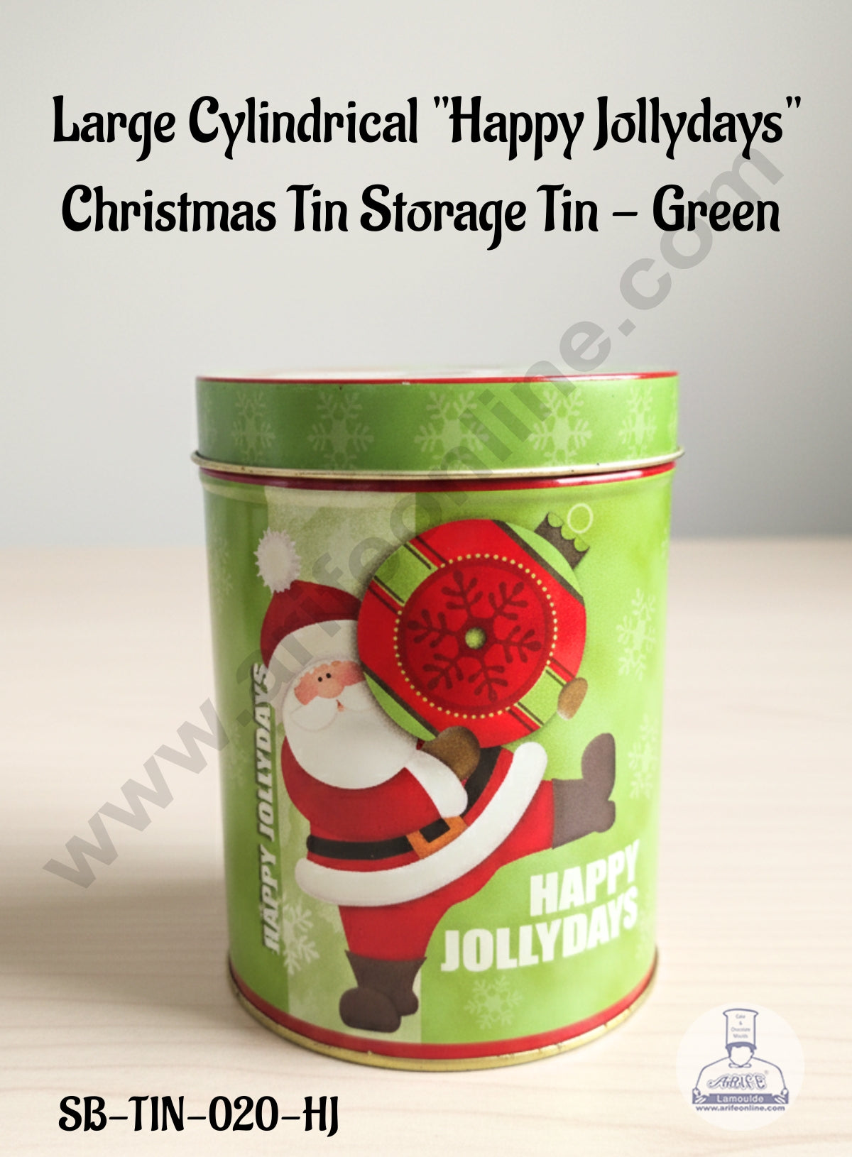 CAKE DECOR™ Large Cylindrical "Happy Jollydays" Christmas Tin Storage Tin - Green │ Height: 14 cm x Diameter: 10.5 cm│