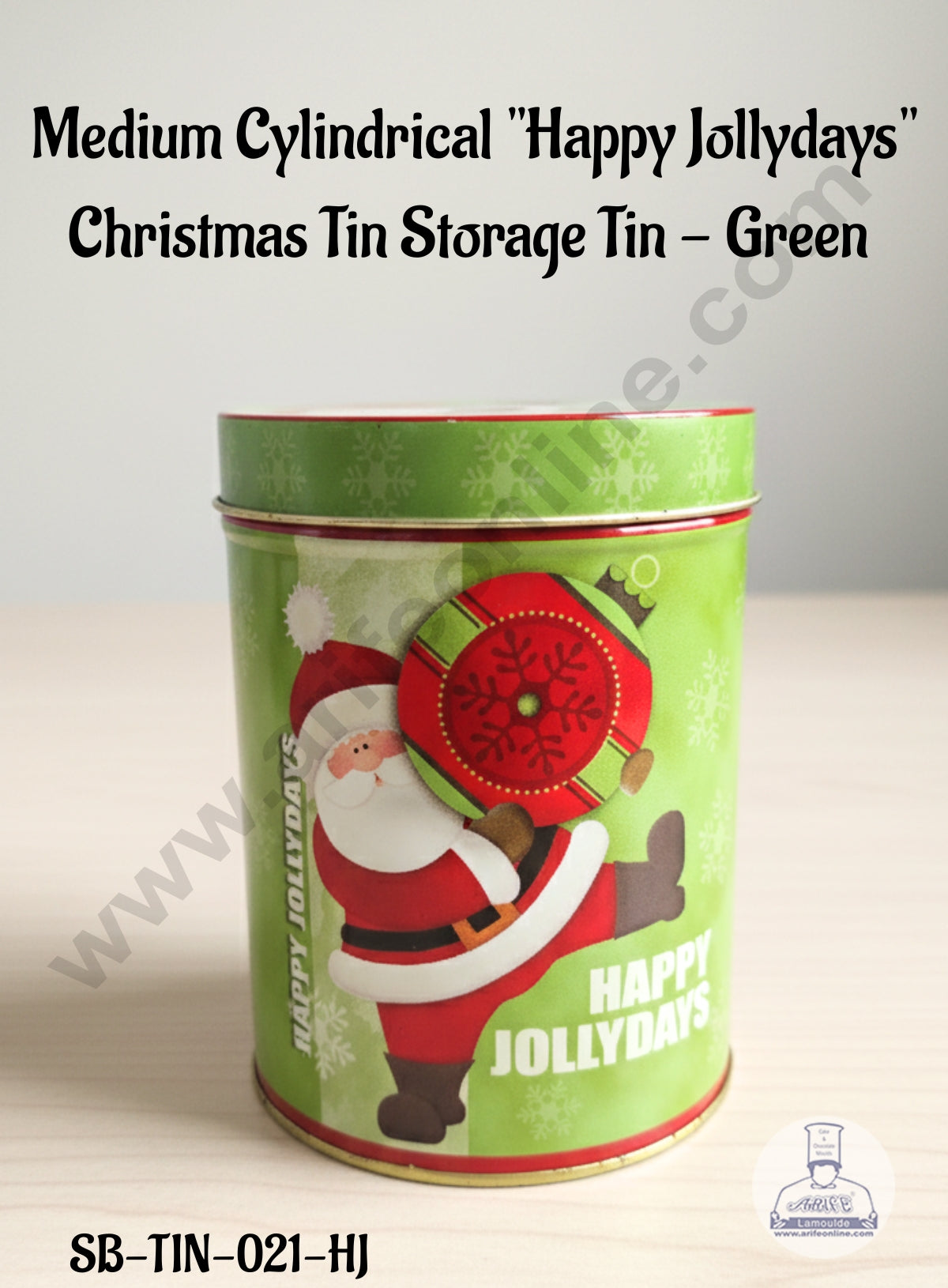 CAKE DECOR™ Medium Cylindrical "Happy Jollydays" Christmas Tin Storage Tin - Green │ Height: 13 cm x Diameter: 9 cm│