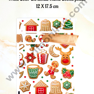 Cake Decor ™  Small White Color Christmas Theme Cookie pouch Plastic Drawstring Bag Treat With Ribbon | Cookie Snack Candy Birthday Party and Gift (Pack of 10)(12cm X 17.5cm)
