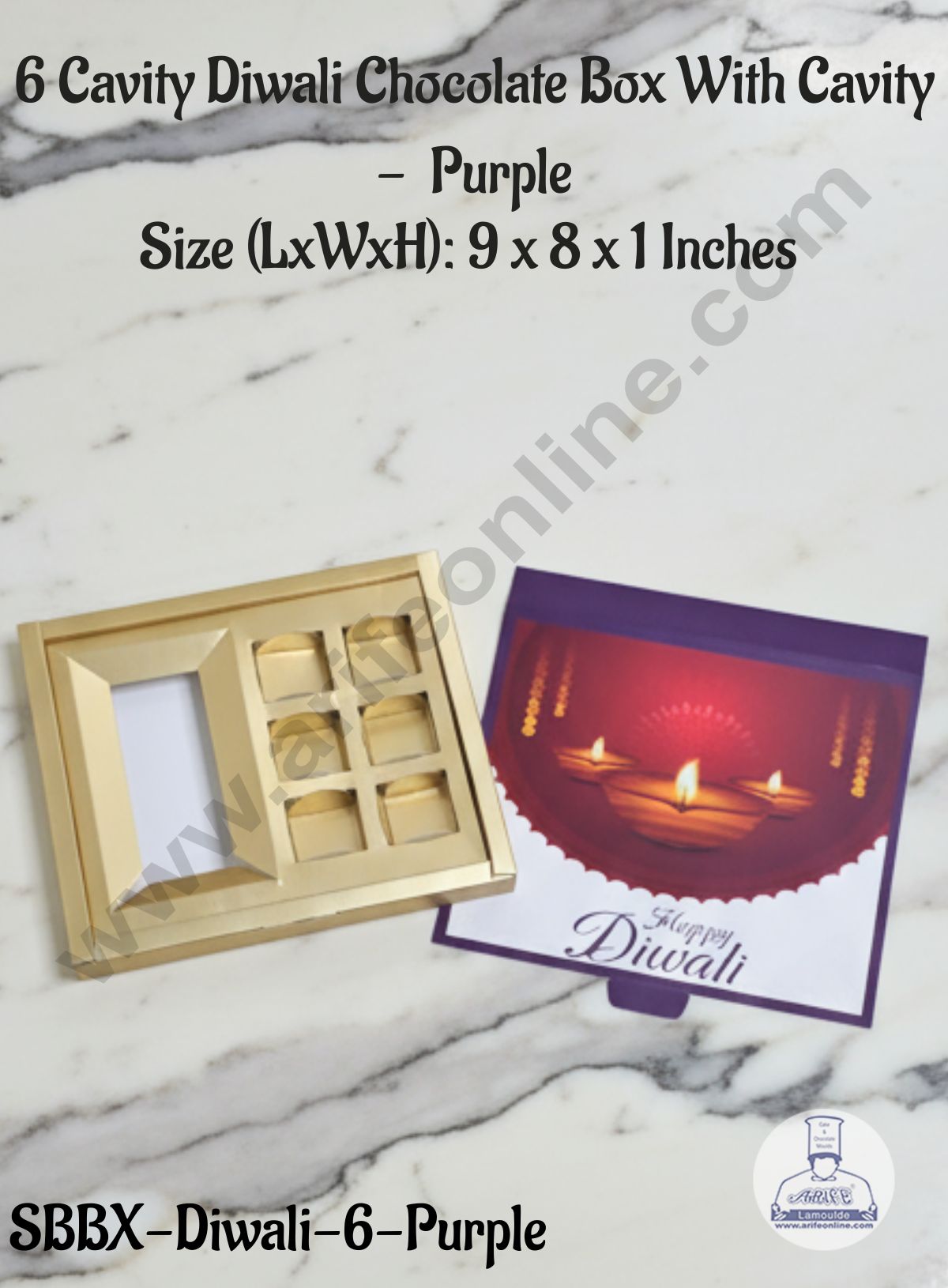 CAKE DECOR™ 6 Cavity Diwali Chocolate Box With Cavity - Purple│ SBBX-Diwali-6-Purple│ 9 x 8 x 1 Inch │ 1 Pc Pack │