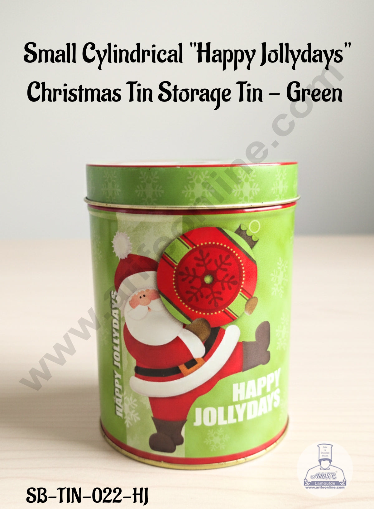 CAKE DECOR™ Small Cylindrical "Happy Jollydays" Christmas Tin Storage Tin - Green │ Height: 11 cm x Diameter: 7.5 cm │