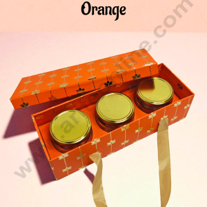 Orange 3 Jar Cavity Hamper Box with Gold Lotus Design & Ribbon Handle | 34 X 12 X 9 cm | 1 pc - CAKE DECOR™