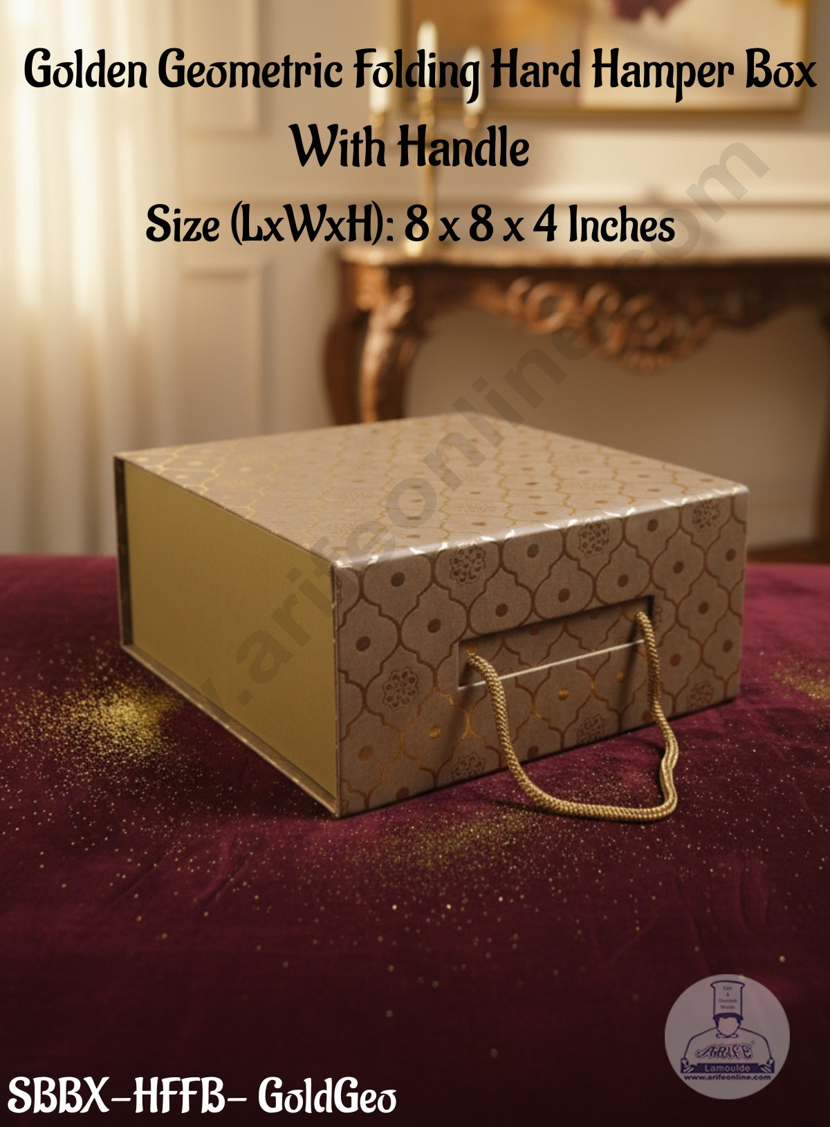 CAKE DECOR™ Golden Geometric Folding Hard Hamper Box With Handle | Gift Box | Present Box - 1 Pc | SBBX-HFFB-GoldGeo|