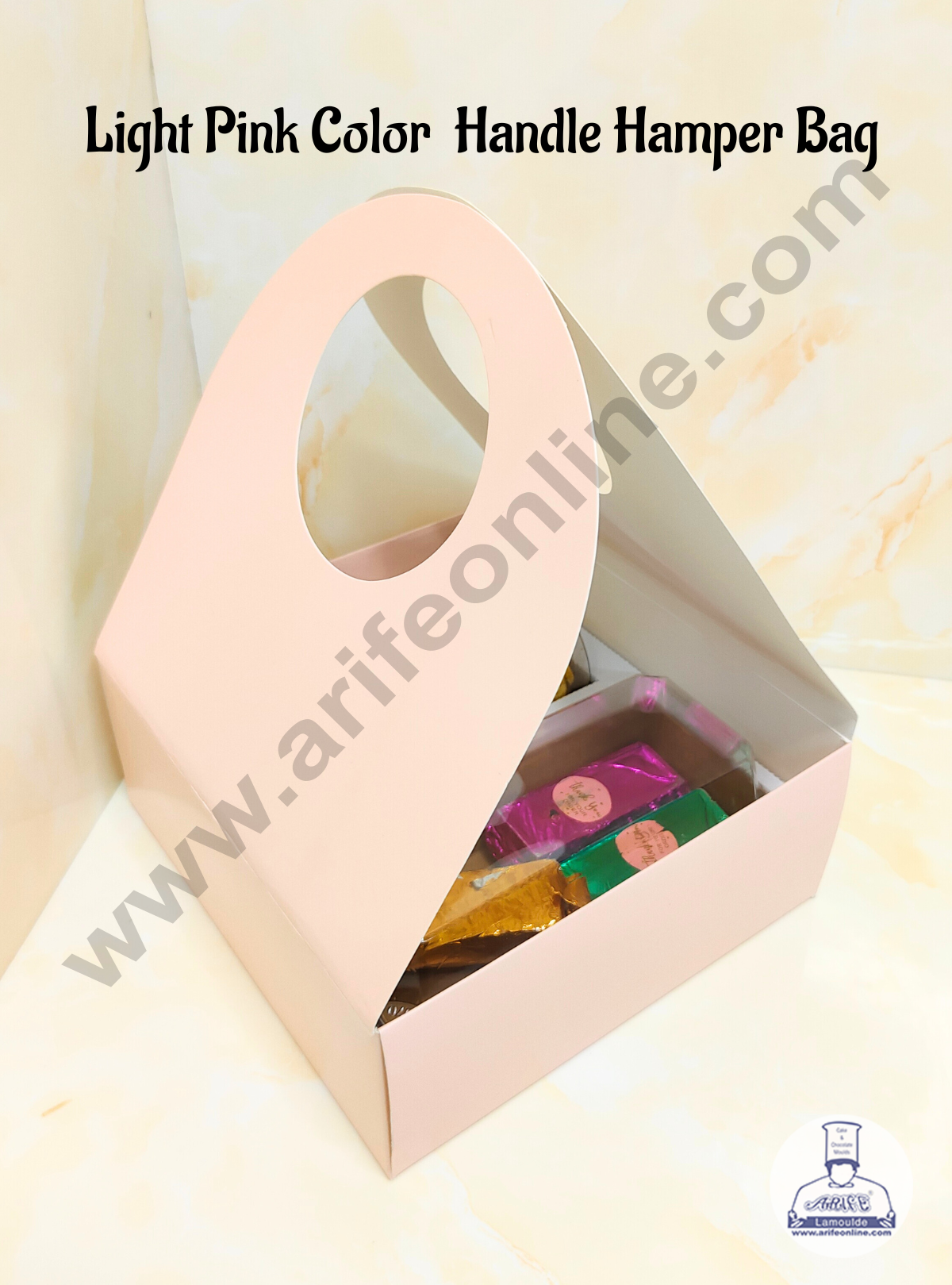 CAKE DECOR™ Round Handle Hamper Box With Cavity (Light Pink) | Gift Box | Gift Bag With Handle (1 Pc Pack)