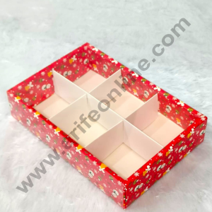 CAKE DECOR™ 6 Cavity Christmas Theme Brownie Boxes With Partition - Red color | Brownie Carriers - 1 Pcs Pack