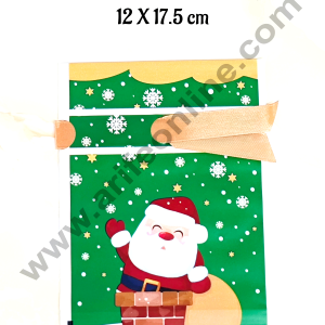 Cake Decor ™  Small Green Color Santa Claus  Cookie pouch Plastic Drawstring Bag Treat With Ribbon | Cookie Snack Candy Birthday Party and Gift (Pack of 10)(12cm X 17.5cm)