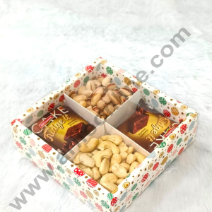 Cake Decor 4 Cavity White Christmas Design with Partition , Clear Window | Brownie Carriers ( 1 Pcs Pack )