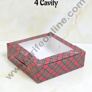 CAKE DECOR™ Red & Blue Christmas Theme 4 Cavity Brownie Boxes with Clear Window | Brownie Carriers - 10 Pcs Pack | Design- 01