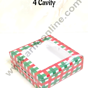 CAKE DECOR™ Red & Green Christmas Theme 4 Cavity Brownie Boxes with Clear Window | Brownie Carriers - 10 Pcs Pack | Design- 03