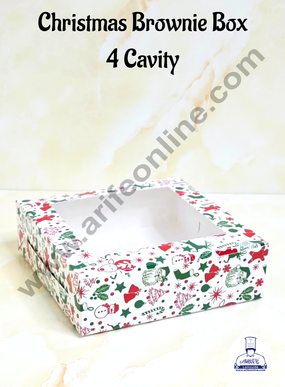 CAKE DECORβ’ White Christmas Theme 4 Cavity Brownie Boxes with Clear Window | Brownie Carriers - 10 Pcs Pack | Design- 02