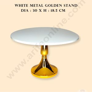 CAKE DECOR™ Simple White Metal Cake Tray with Gold Metal Stand Cake Stand | Dessert Stand | Cupcake Stand