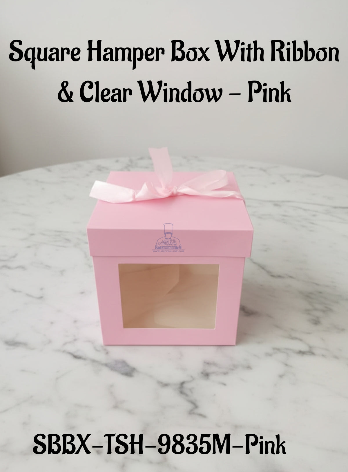 Square Hamper Box With Ribbon & Clear Window - Pink | 15 x 15 x 15 cm | 1 Piece - CAKE DECORβ’