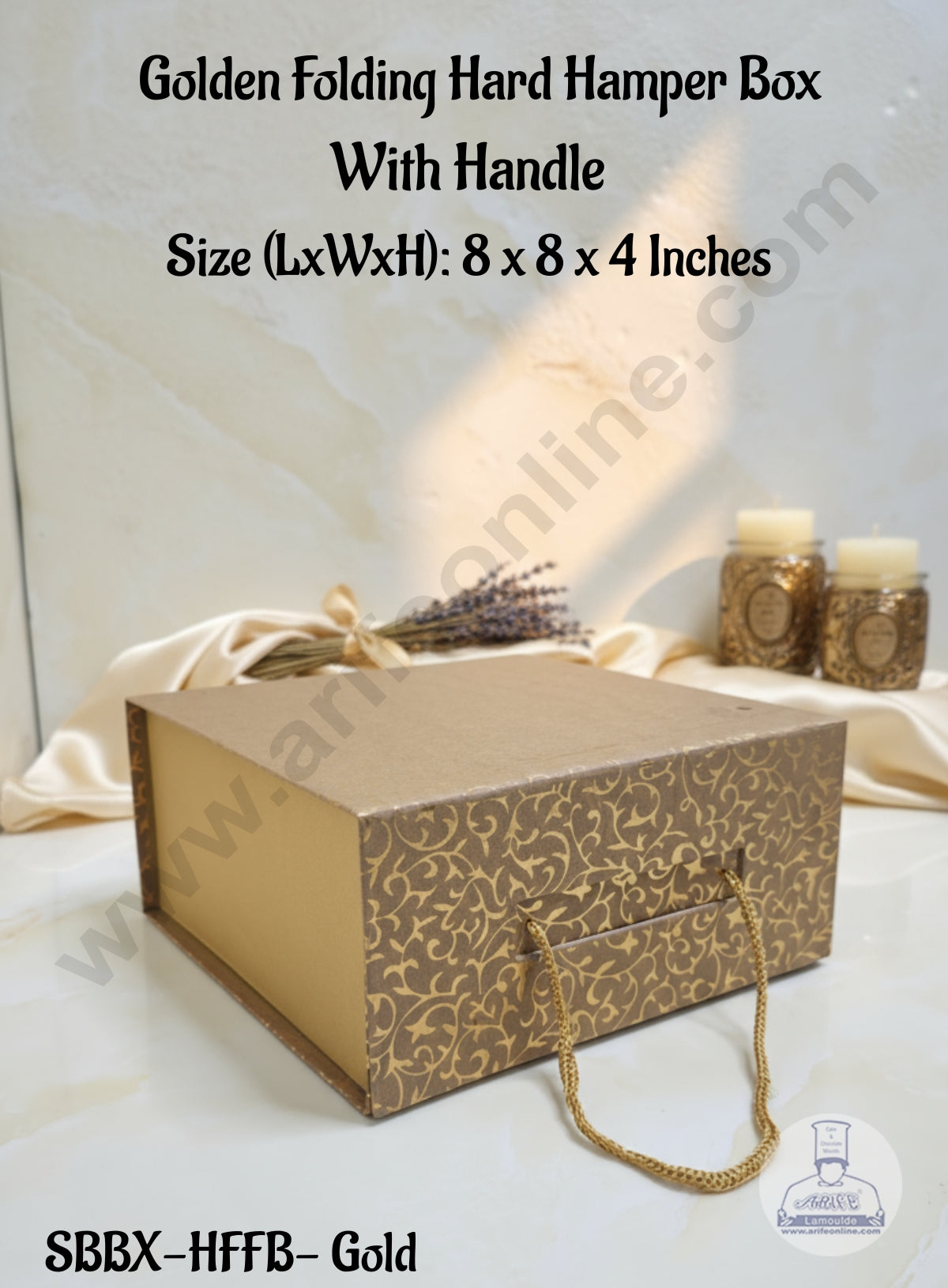 CAKE DECOR™ Golden Folding Hard Hamper Box With Handle | Gift Box | Present Box - 1 Pc | SBBX-HFFB-Gold|
