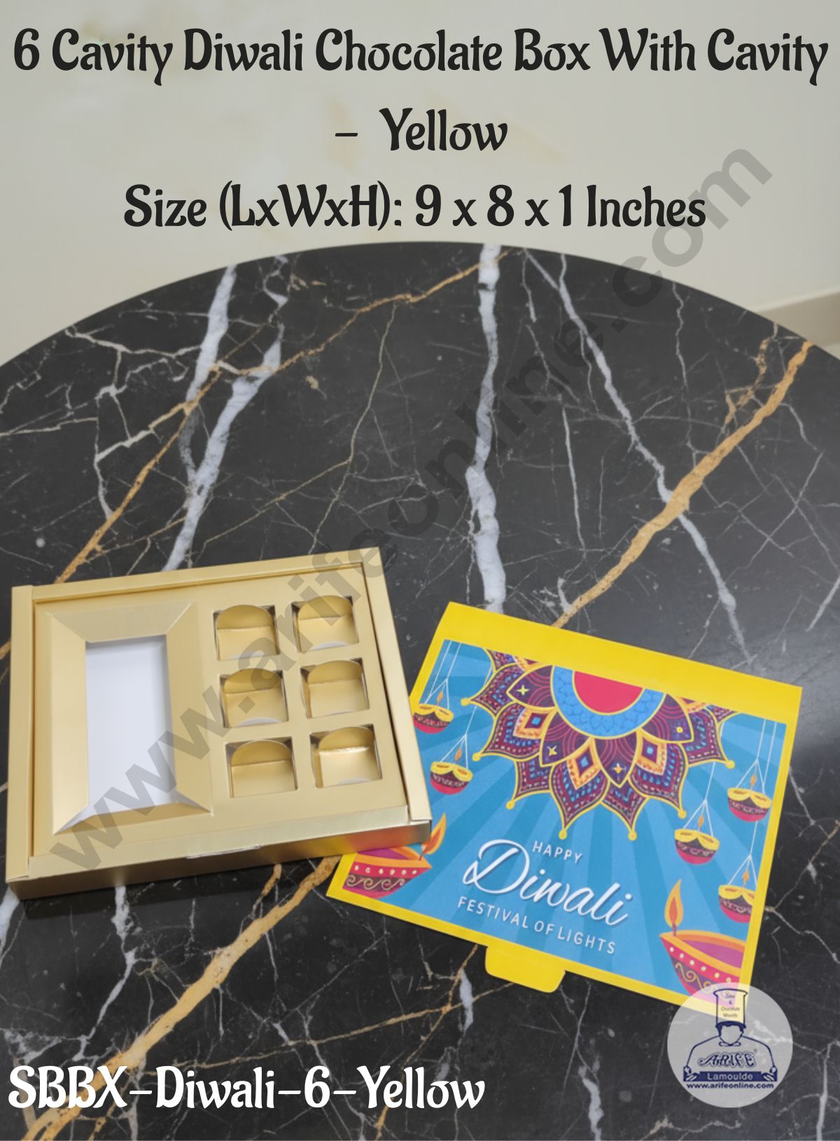 CAKE DECOR™ 6 Cavity Diwali Chocolate Box With Cavity - Yellow│ SBBX-Diwali-6-Yellow│ 9 x 8 x 1 Inch │ 1 Pc Pack │