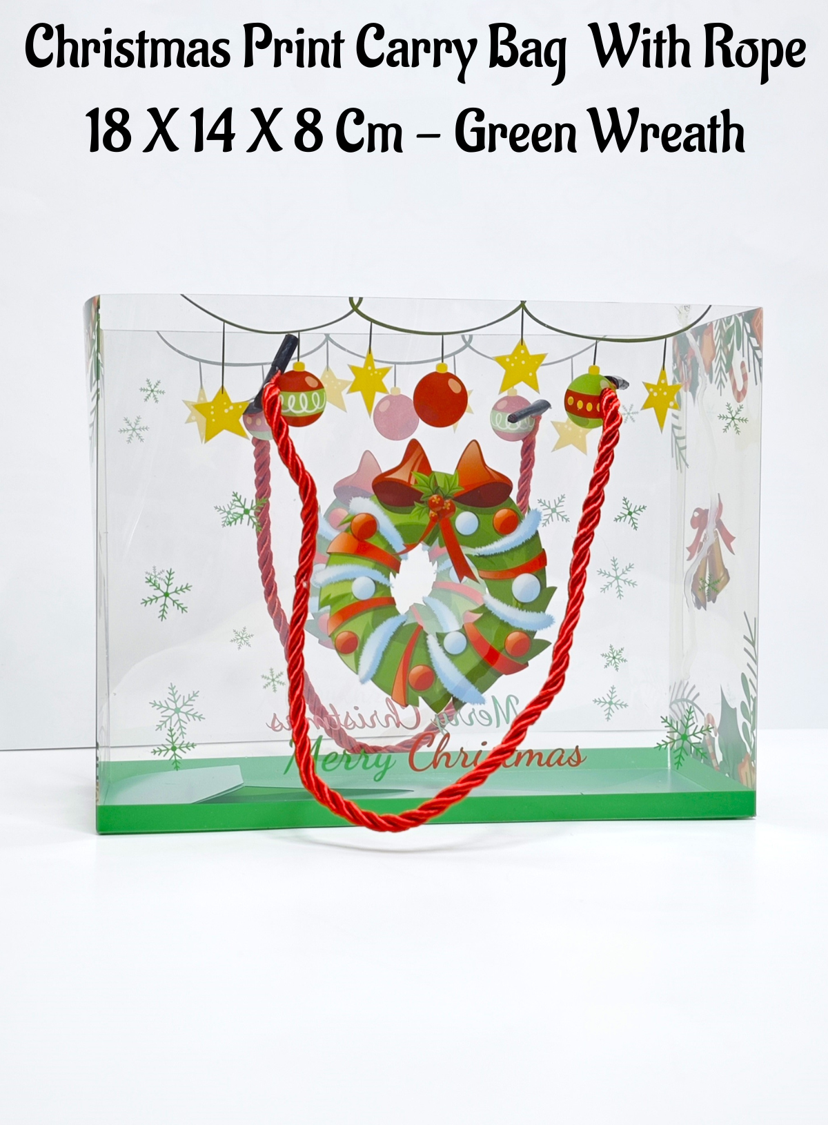 CAKE DECOR™ Christmas Print Carry Bag With Rope (18 X 14 X 8 Cm) - Green Wreath | Gift Box | Gift Bag with Handle (1 Pcs Pack)