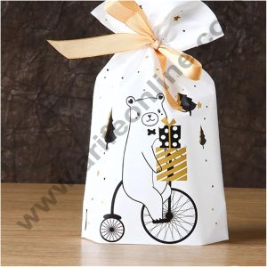 Cake Decor ™ Big White Color Christmas Theme Cookie pouch Plastic Drawstring Bag Treat With Ribbon | Design - 02  | Pack of 10 | (23cm X 15cm)