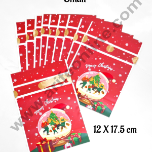 Cake Decor ™ Small Red Color Christmas Theme Cookie pouch Plastic Drawstring Bag Treat With Ribbon | Design - 02 | Pack of 10 | (12cm X 17.5cm)