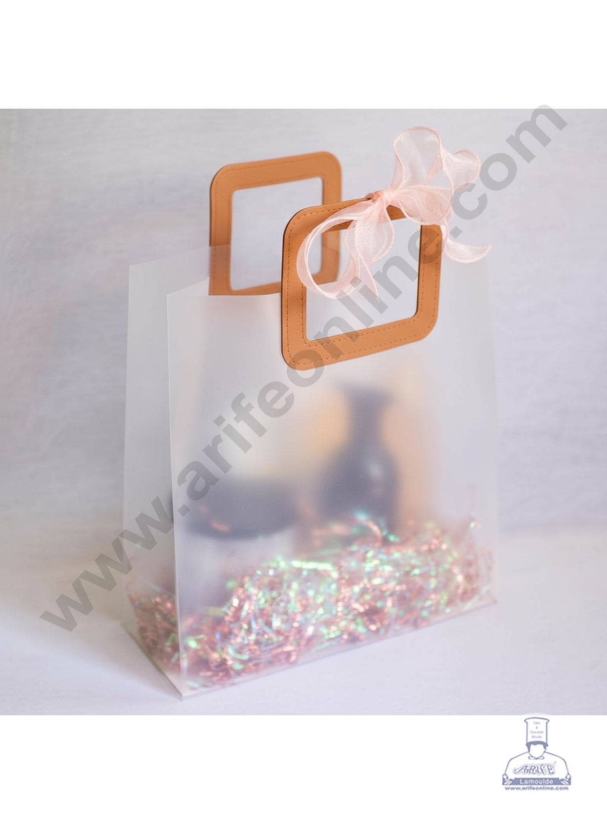 Small Light Brown Square Leather Handle Frosted Hamper Bag 1 Pcs Pack - CAKE DECOR™