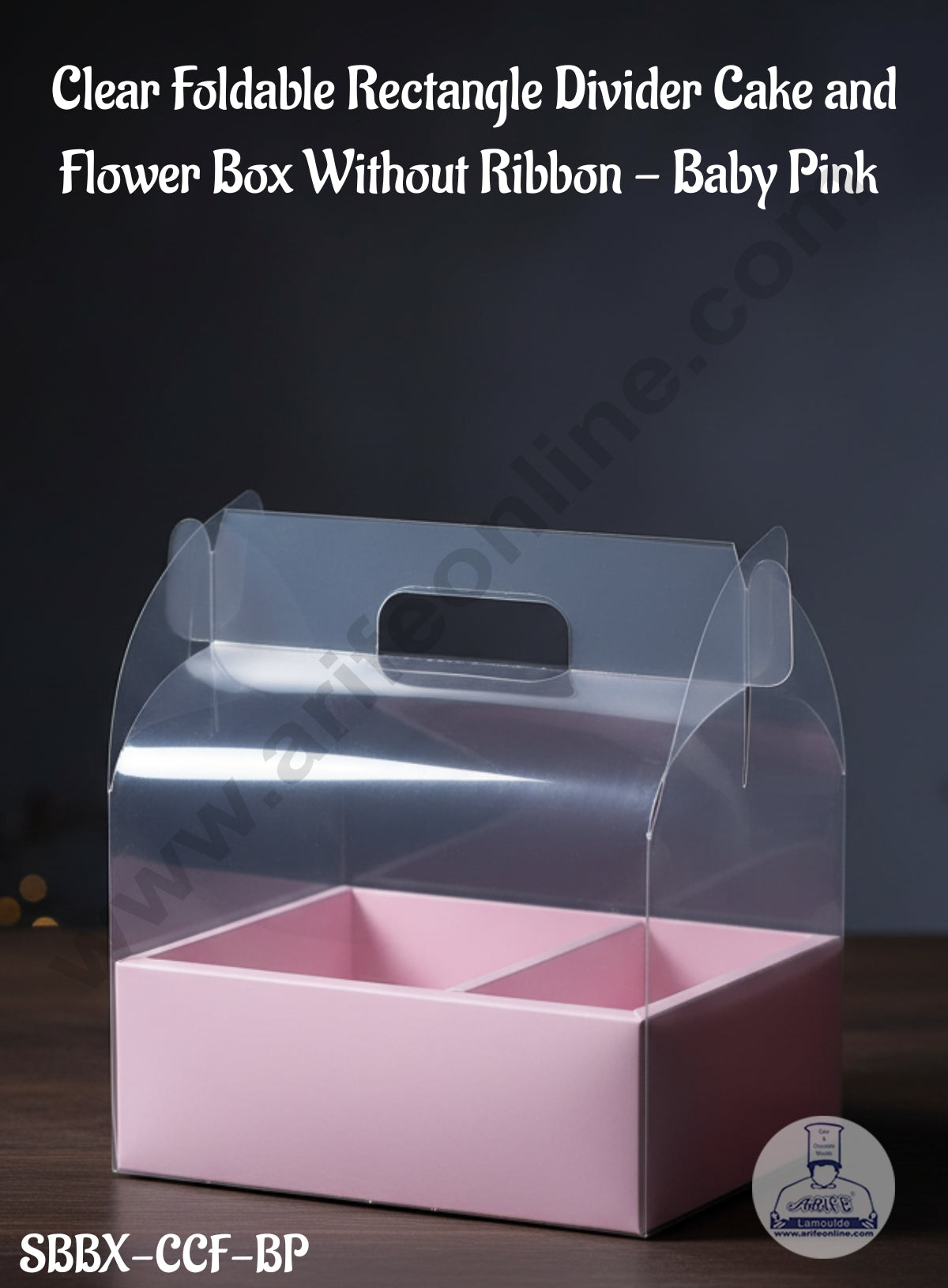CAKE DECOR™ Clear Foldable Rectangle Divider Cake and Flower Box Without Ribbon - Baby Pink │ SBBX-CCF-BP │