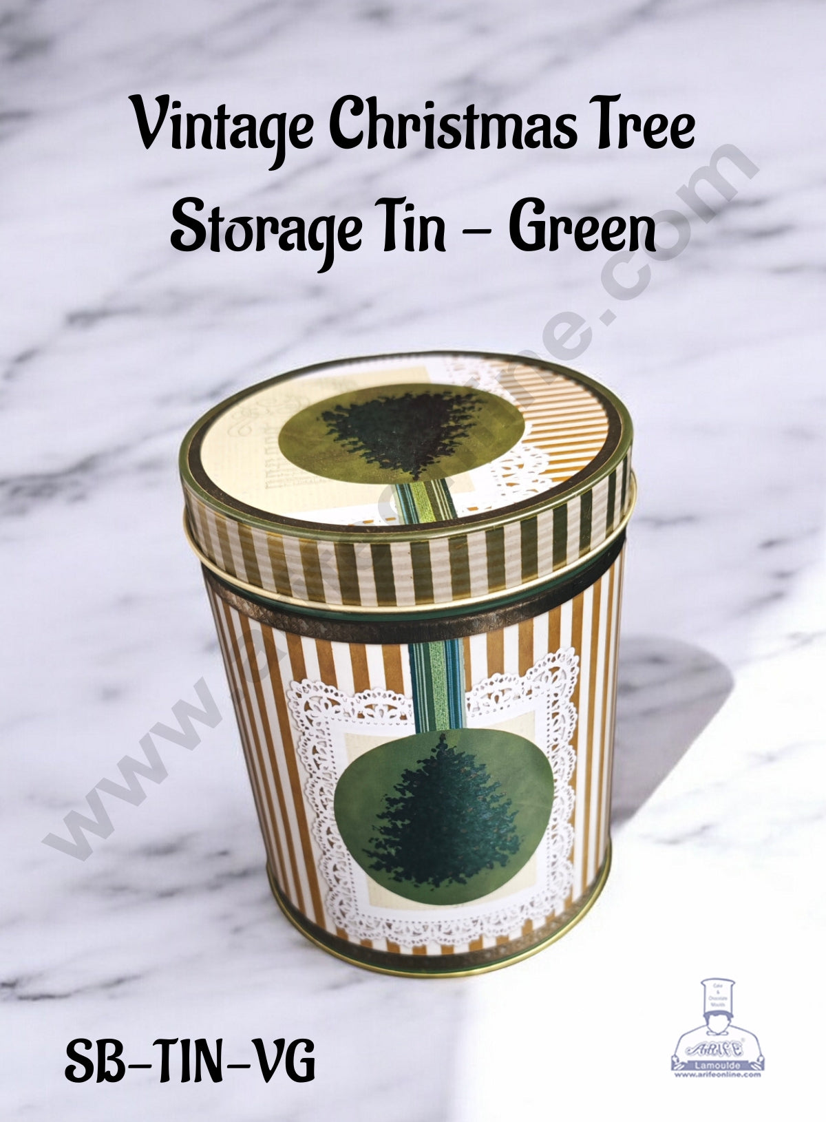 CAKE DECOR™ Medium Vintage Christmas Tree Storage Tin - Green│ Diameter: 10.5 cm x Height: 13.5 cm│