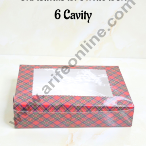 CAKE DECOR™ Red & Blue Checks Christmas Theme 6 Cavity Brownie Boxes with Clear Window , Brownie Carriers – Christmas Theme ( 10 Pcs Pack )