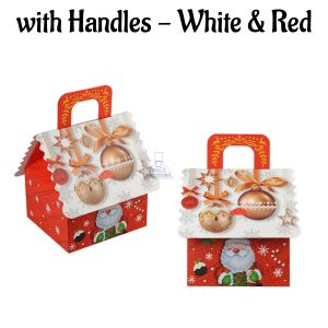 Large Christmas Treat Box with Handles - White & Red | 16 x 15 x 10 cm | 1 Piece (SBBX-CD-5166L-03)  - CAKE DECOR™