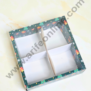 Cake Decor 4 Cavity Green Christmas Design with Partition, Clear Window | Brownie Carriers ( 1 Pcs Pack )