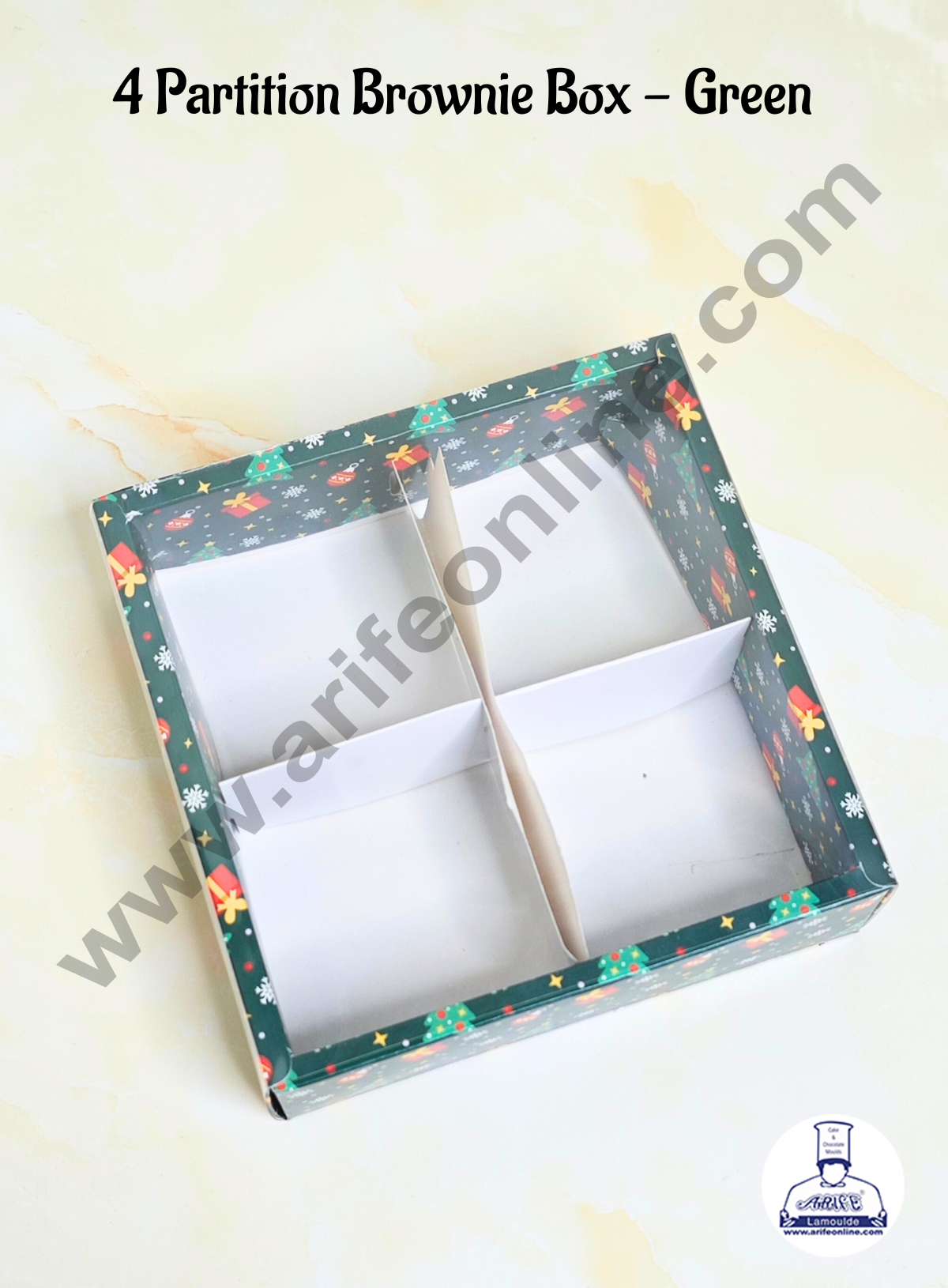 Cake Decor 4 Cavity Green Christmas Design with Partition, Clear Window | Brownie Carriers ( 1 Pcs Pack )
