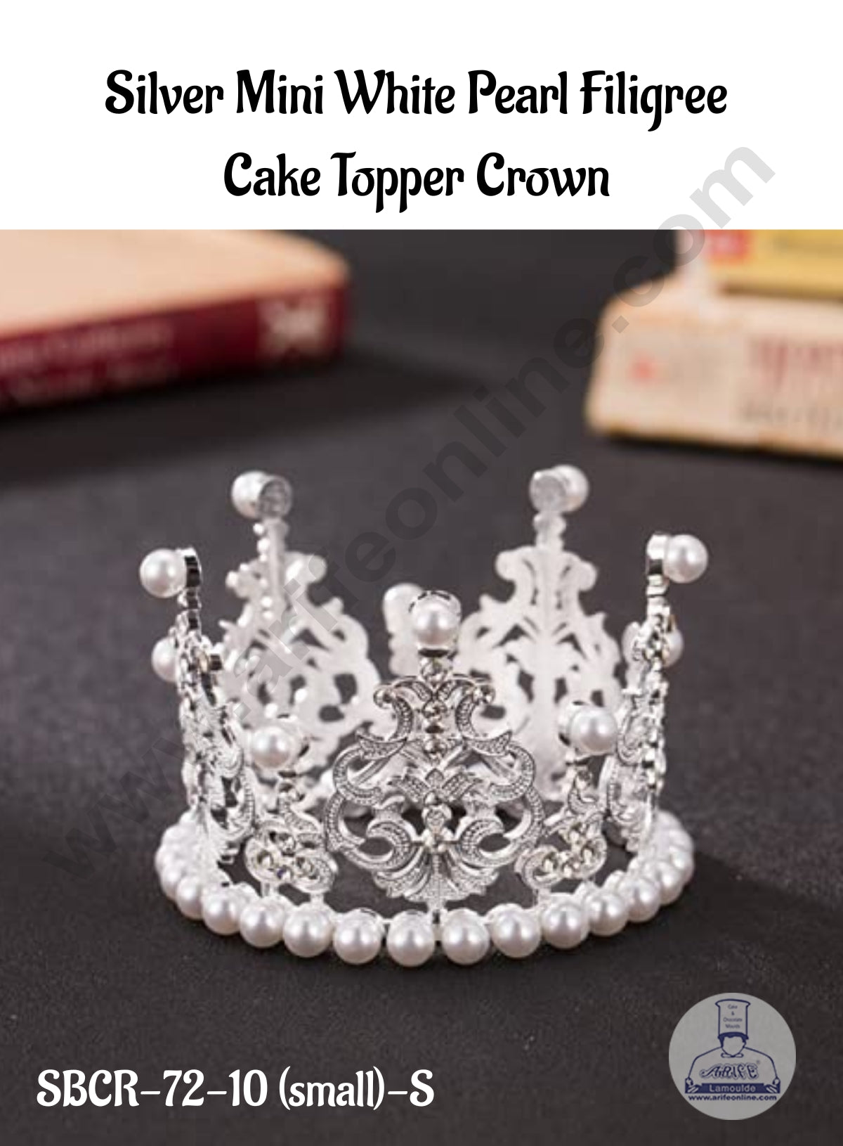 CAKE DECOR™ Silver Mini White Pearl Filigree Cake Topper Crown - SBCR-72-10 (small)-S