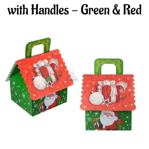 Large Christmas Treat Box with Handles - Green & Red | 16 x 15 x 10 cm | 1 Piece (SBBX-CD-5166L-04)  - CAKE DECOR™
