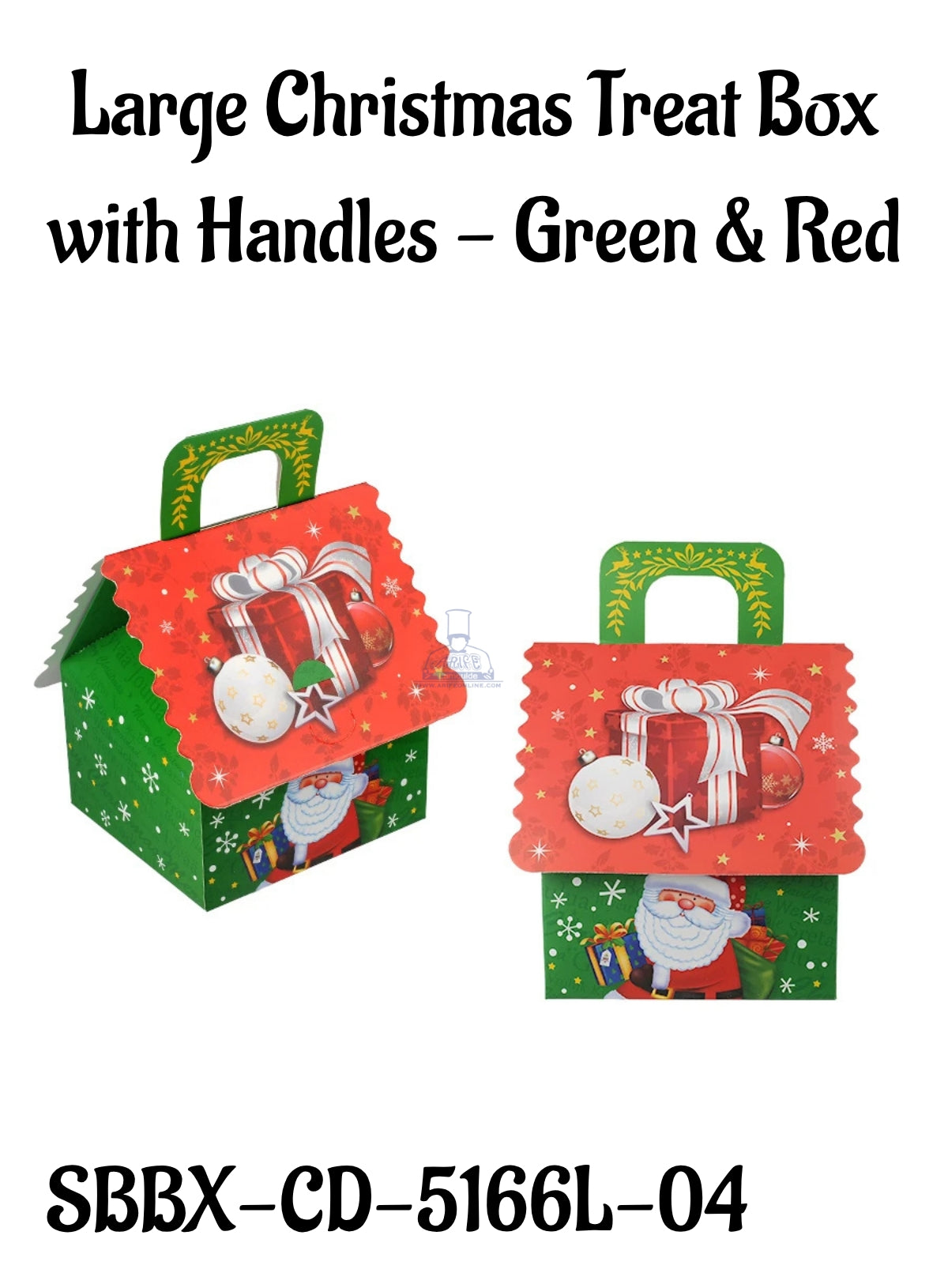Large Christmas Treat Box with Handles - Green & Red | 16 x 15 x 10 cm | 1 Piece (SBBX-CD-5166L-04) - CAKE DECOR™
