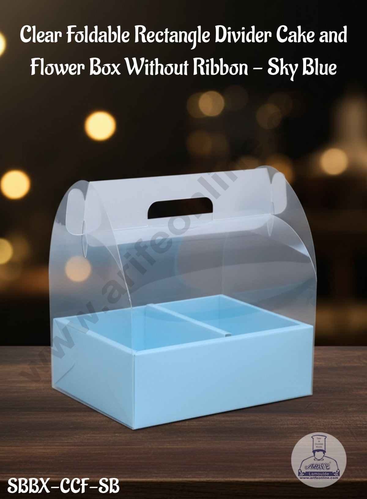 CAKE DECOR™ Clear Foldable Rectangle Divider Cake and Flower Box Without Ribbon - Sky Blue│ SBBX-CCF-SB│