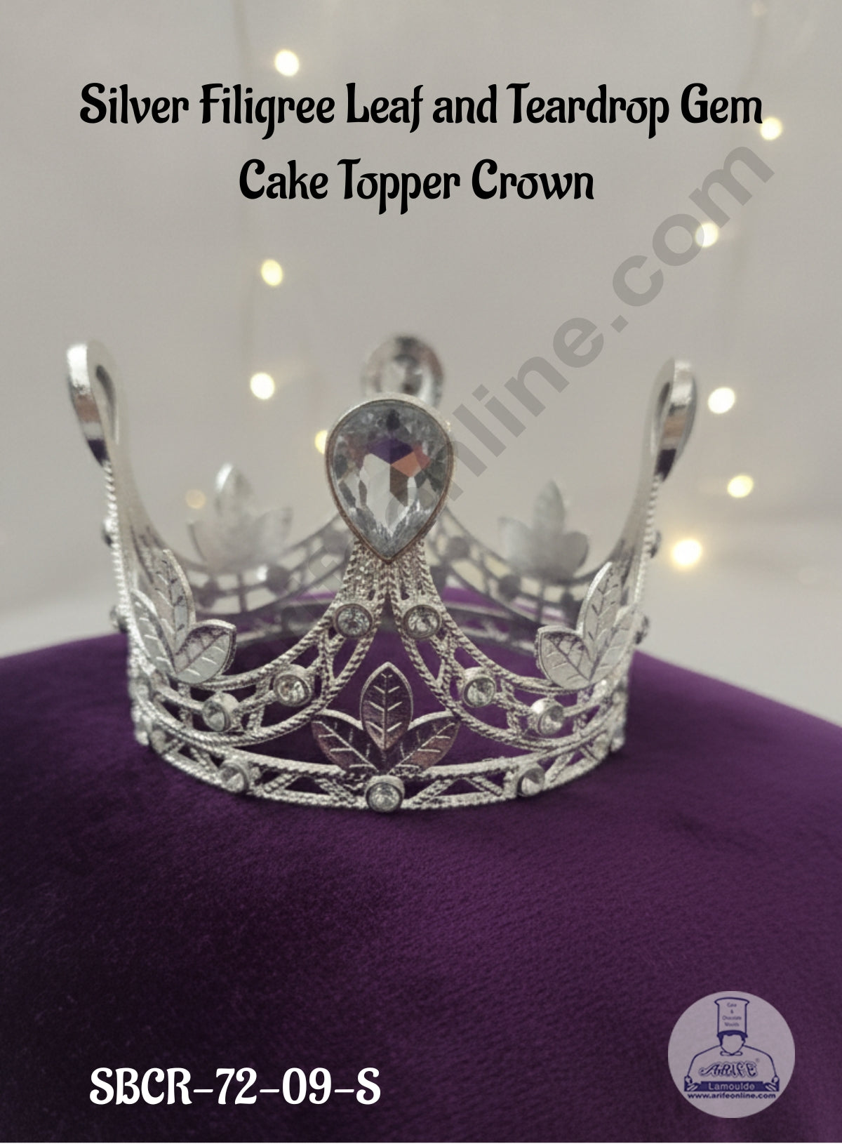 CAKE DECORβ’ Silver Filigree Leaf and Teardrop Gem Cake Topper Crown - SBCR-72-09-S
