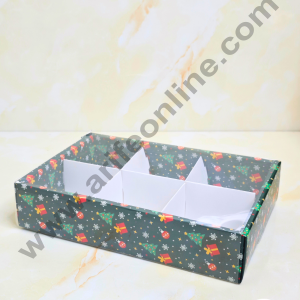 CAKE DECOR™ 6 Cavity Christmas Theme Brownie Boxes With Partition - Green color | Brownie Carriers - 1 Pcs Pack