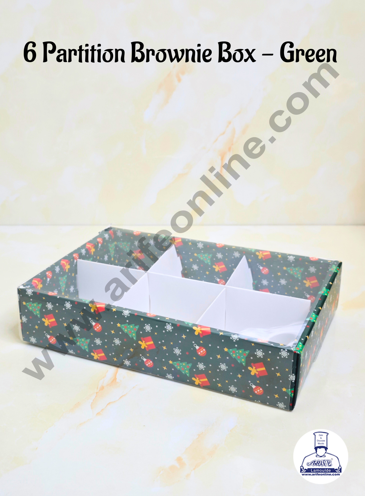 CAKE DECORβ’ 6 Cavity Christmas Theme Brownie Boxes With Partition - Green color | Brownie Carriers - 1 Pcs Pack