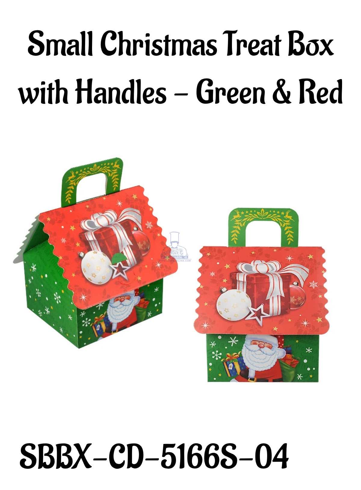 Small Christmas Treat Box with Handles - Green & Red | 12 x 10 x 6.5 cm | 1 Piece (SBBX-CD-5166S-04) - CAKE DECORβ’