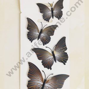 CAKE DECOR™ 4 Pcs 3D Black Butterfly With Golden Lines  Paper Topper For Cake And Cupcake