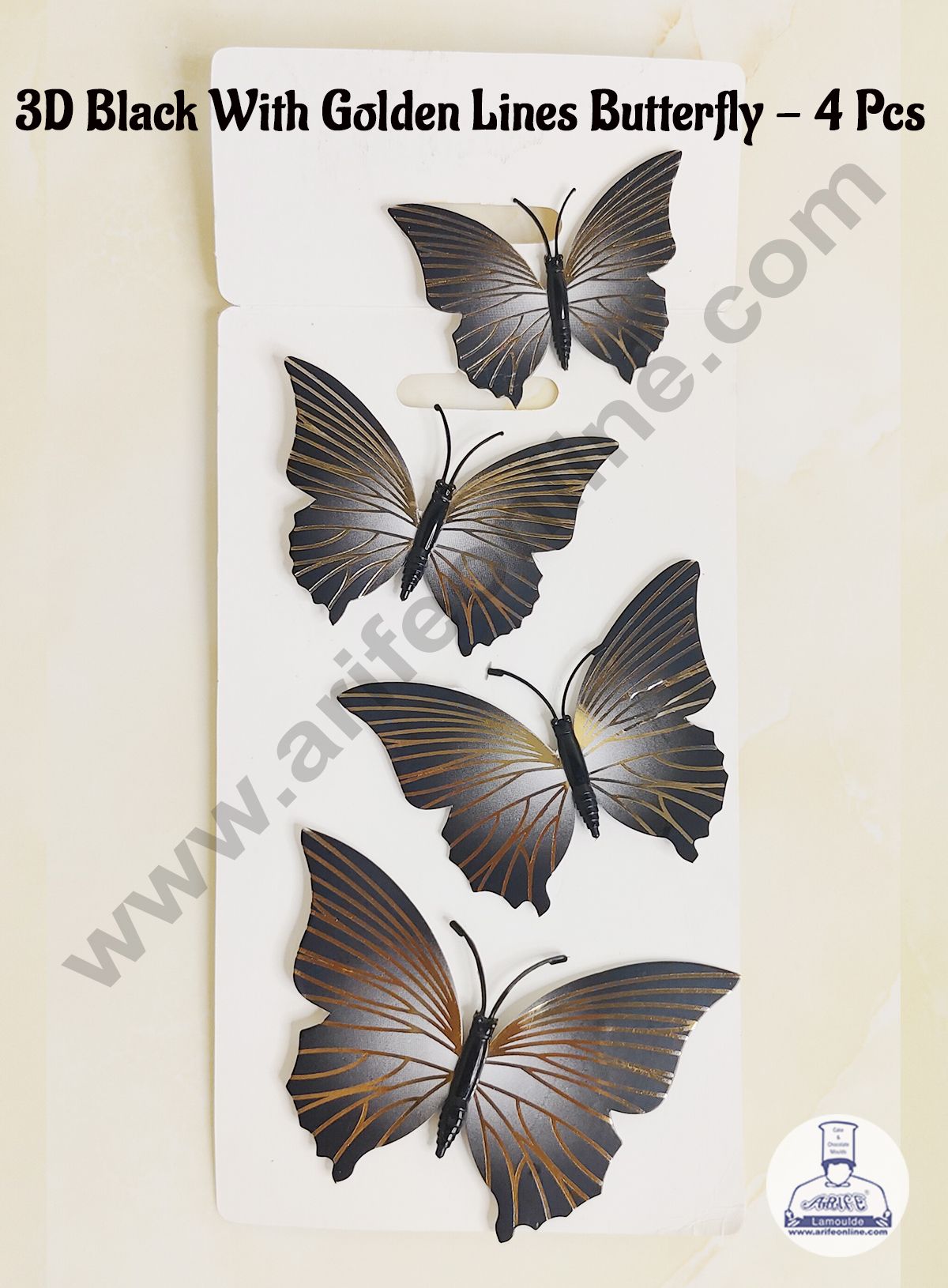 CAKE DECOR™ 4 Pcs 3D Black Butterfly With Golden Lines Paper Topper For Cake And Cupcake