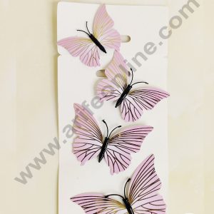 CAKE DECOR™ 4 Pcs 3D Pink Butterfly With Golden Lines  Paper Topper For Cake And Cupcake