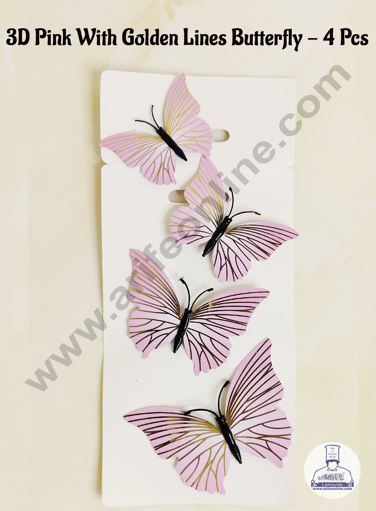 CAKE DECOR™ 4 Pcs 3D Pink Butterfly With Golden Lines Paper Topper For Cake And Cupcake