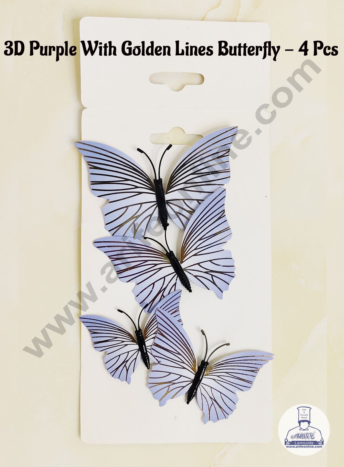 CAKE DECOR™ 4 Pcs 3D Purple Butterfly With Golden Lines Paper Topper For Cake And Cupcake