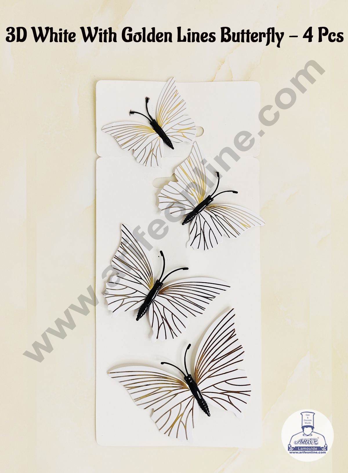CAKE DECOR™ 4 Pcs 3D White Butterfly With Golden Lines Paper Topper For Cake And Cupcake