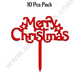 CAKE DECORβ’ 3 inch Acrylic Red Star Merry Christmas Cutout Cake Topper Cake Decoration | 10 piece pack (SBMT-6041)